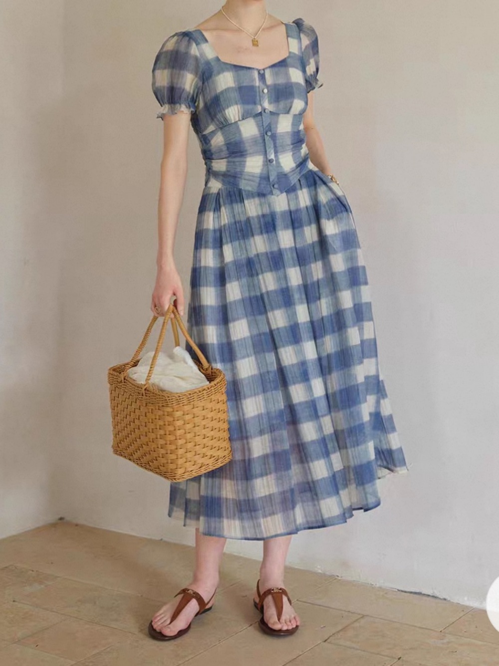 Brand new Simpleretro Blue Plaid Puff-Sleeve Midi Dress - Casual Summer Style
